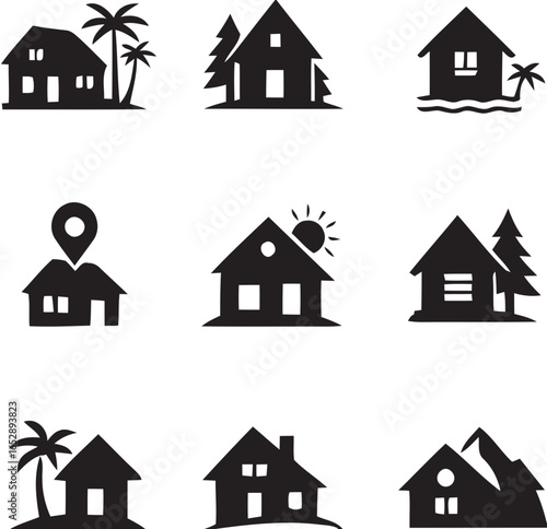 Collection of house icons with tropical and mountain settings silhouette isolated on white background