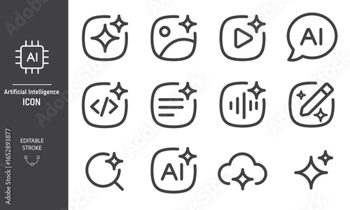 Set of Generative AI icons. Artificial intelligence sign with sparkle stars symbol. AI assistant chatbot. Voice, Image, video, and search. Web user interface for UI UX design. Vector editable stroke.
