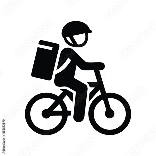 Delivery person on bicycle with insulated bag silhouette isolated on white background