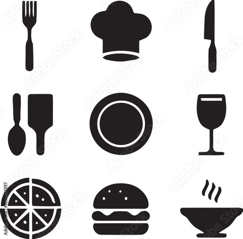 Collection of nine culinary icons including cutlery chef hat plate wine glass pizza burger and soup silhouette isolated on white background