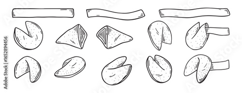 Chinese fortune cookies doodle hand drawn icon set. Outline drawing Chinese fortune cookies line clipart symbol collection