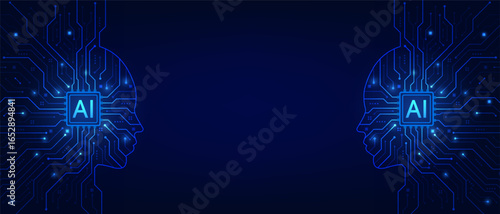 Concept of Artificial Intelligence. Human face on AI chip circuit board. Big data, and machine learning technology. LLM Large Language Model. Generative AI for business support Vector illustration.