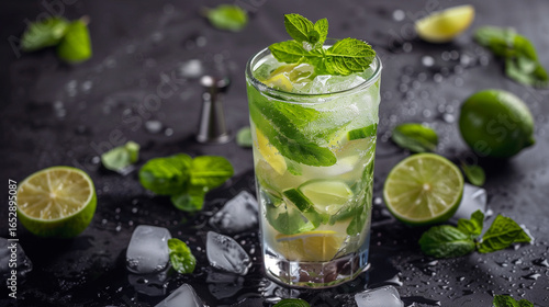 Wallpaper Mural Refreshing Mojito Cocktail with Fresh Lime, Mint Leaves, and Ice Cubes Served in a Glass on a Dark Stone Background, Classic Summer Drink for Cooling and Refreshing Experience Torontodigital.ca