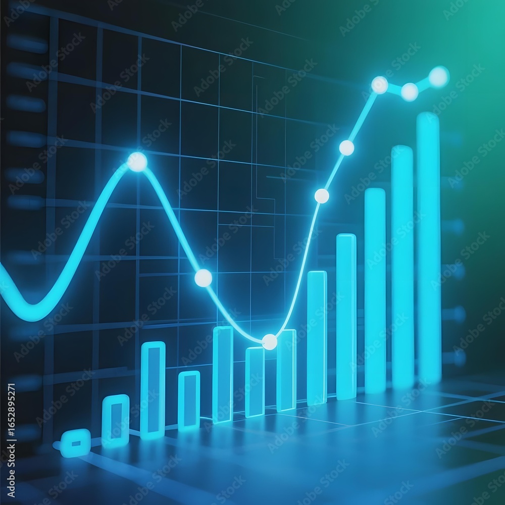 Naklejka premium Glowing Blue Graph Displaying Growth Trends with Bar and Line Elements