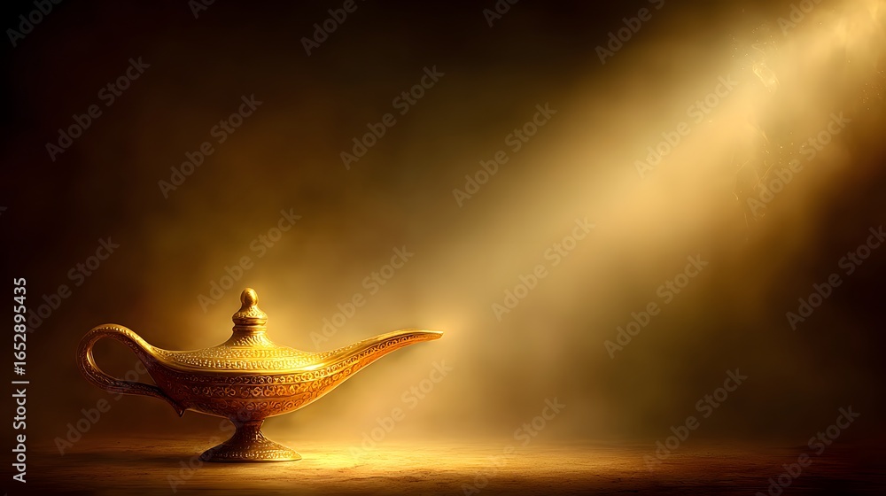 Fototapeta premium A golden, ornate genie's lamp sits on a table, bathed in a warm, dramatic light.