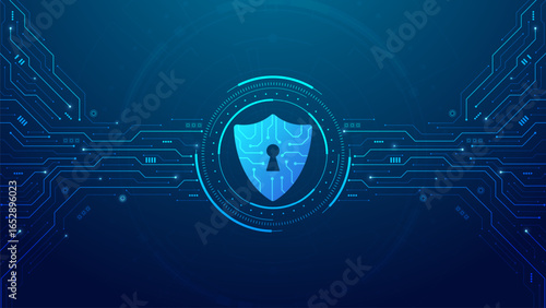 Concept of cyber security and digital protection technology. Shield on HUD frame and circuit board. Password privacy on an online system, secure data from crime, virus cyber. Vector illustration.