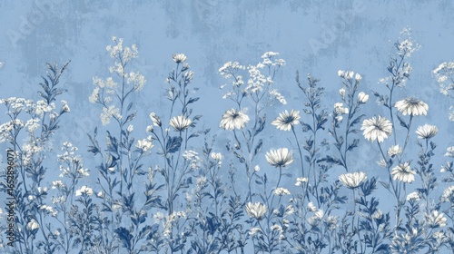 Wallpaper Mural Faded pastel blue with hand-sketched wildflowers along the edges, classic 1800s feel Torontodigital.ca