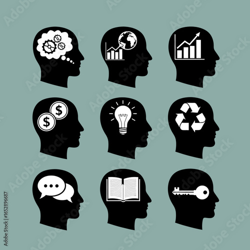 Human heads showing various symbols representing different thought processes and ideas high quality professional