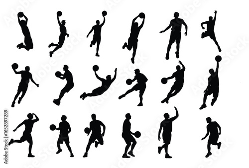 Wallpaper Mural Set of 18 basketball player silhouettes in action—dribbling, shooting, dunking, passing, and jumping to showcase athletic motion and skill Torontodigital.ca