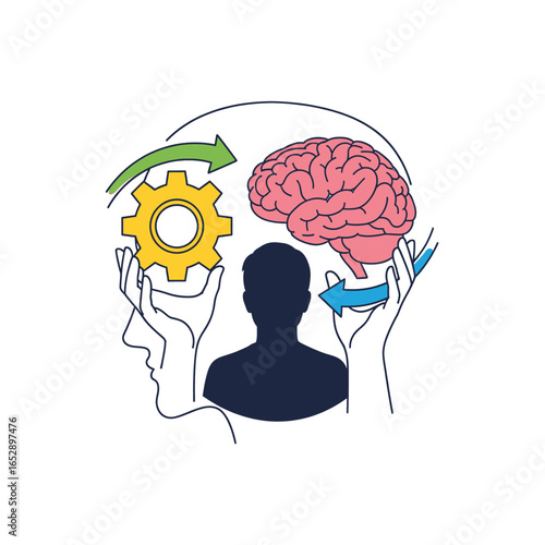 Brain and gear mechanism line art concept of thought process problem solving cognitive function high quality professional
