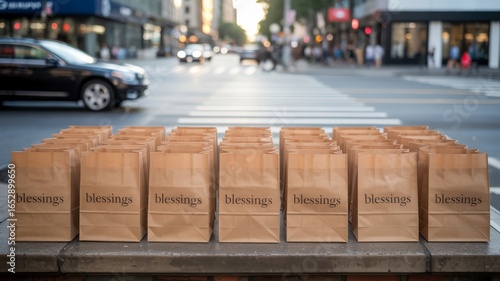 community pantry project A row of brown paper bags labeled 