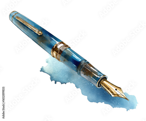 Elegant fountain pen on a watercolor backdrop for art on a transparent background, cut out