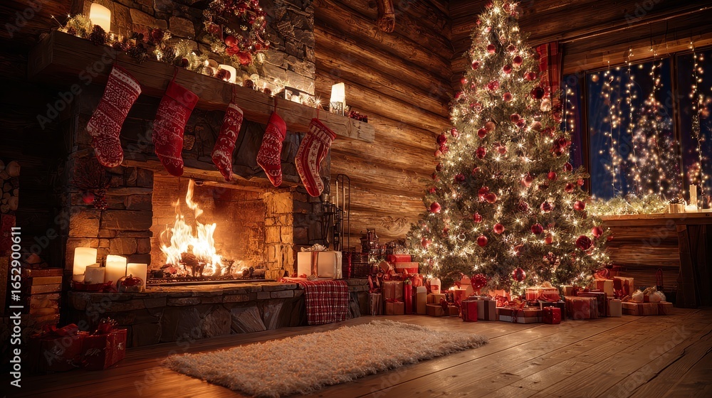 Fototapeta premium Festive Home Interior Featuring Christmas Lights, Wreath, and Gift Boxes