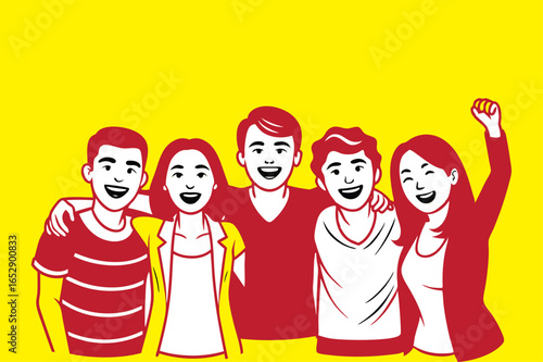Five friends in red attire stand united against a bright yellow background, celebrating the spirit of friendship.