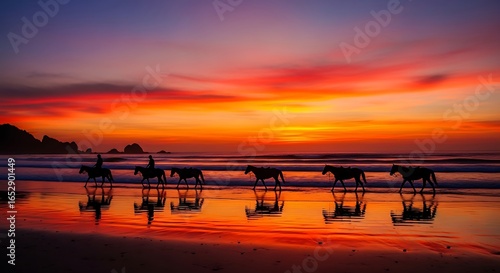 Silhouette Horses Riding Sunset Beach.