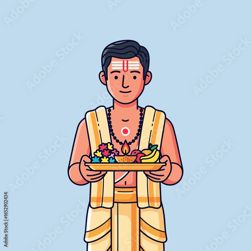 A Hindu priest in traditional attire holds a puja thali with offerings for a religious ceremony.