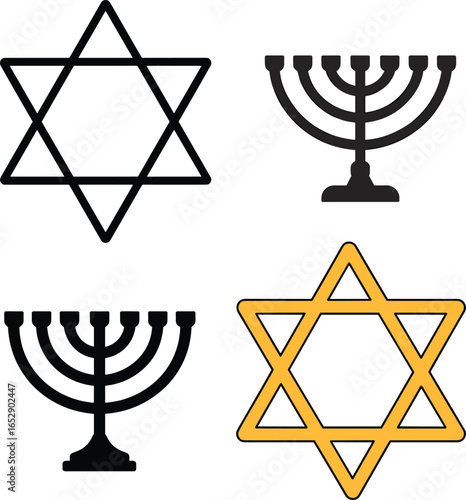 Jewish symbols collection, Star of David, menorah icons, religious symbols, Judaism, faith, spiritual icons, culture, heritage, vector illustration