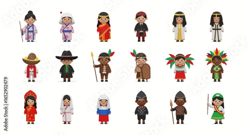 Diverse cultural characters in traditional clothing representing different countries.