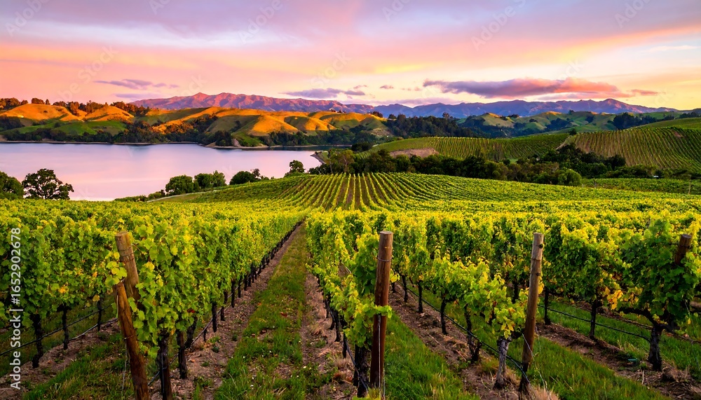 Naklejka premium Vineyard landscape at sunset