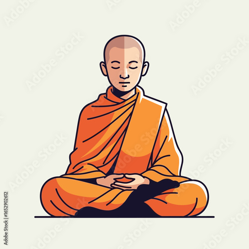 A serene Buddhist monk in orange robes meditating peacefully in a lotus position.