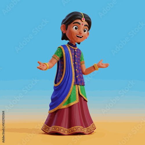 A cheerful young Indian girl dressed in traditional colorful clothing with jewelry, standing outdoors under a bright blue sky.