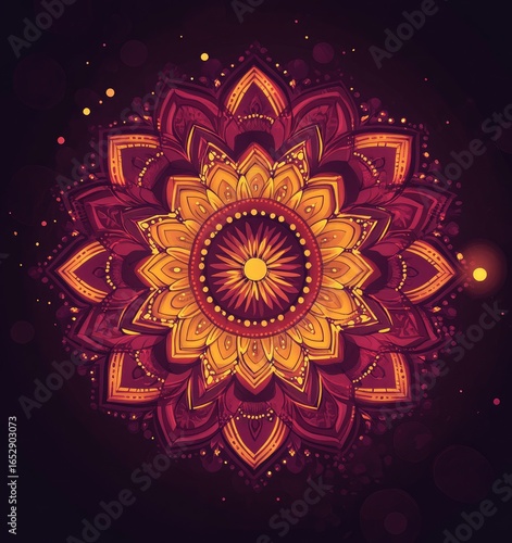 Intricate mandala design in rich burgundy and gold hues against a dark background.