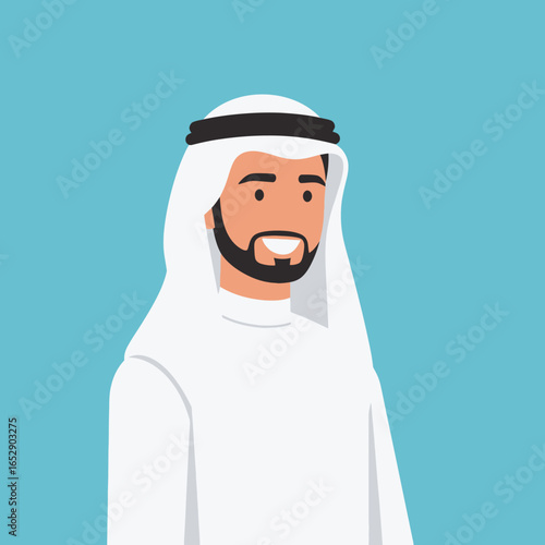 Flat vector illustration of a smiling bearded Arab man wearing a traditional white thobe and ghutra.