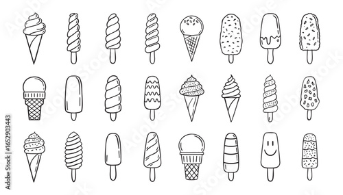  ice cream doodle hand drawn icon set. Outline drawing ice cream line clipart symbol collection