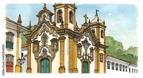 Artistic Watercolor Illustration Detailed Facade Historical Baroque Church Building