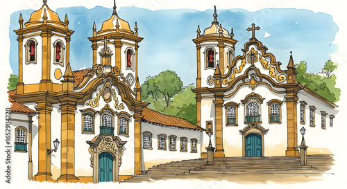 Watercolor Detailed Church Facade in Ouro Preto Minas Gerais Illustration
