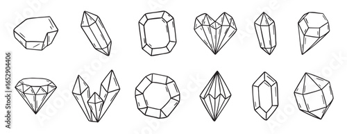 Doodle diamond and crystals doodle hand drawn icon set. Outline drawing line clipart symbol collection