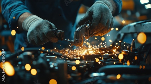 Close Up of a Mechanic's Hands Repairing an Engine with Bright Sparks
