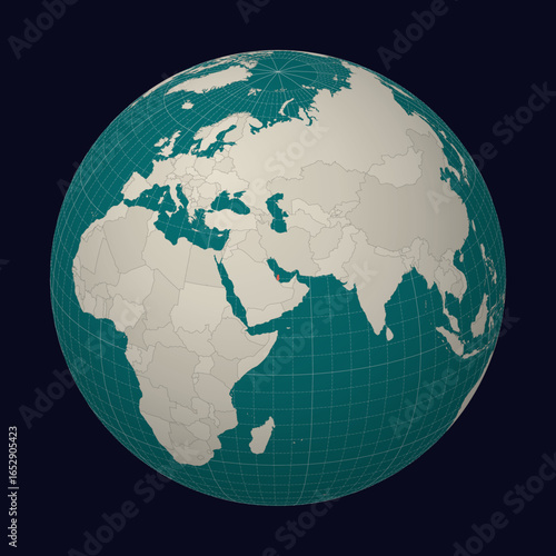 Qatar on the map. Globe centered to Qatar. Country location on the world map. Teal Pale Mint color palette. Globe with countries, meridians and parallels. Awesome vector illustration.