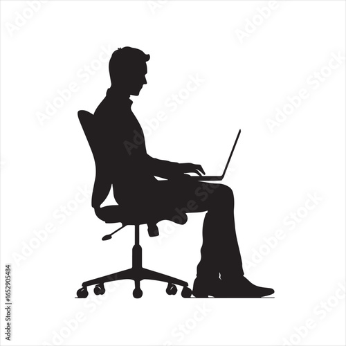 Silhouette of a Man Sitting and Typing on Laptop – Vector Illustration