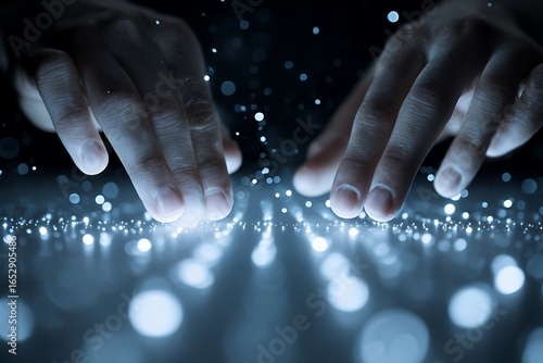 Hands interacting with glowing digital data, visualizing innovation and connection in the future