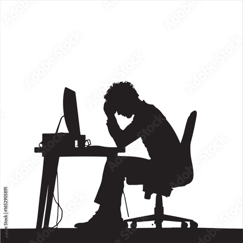 Man Silhouette Showing Exhaustion and Burnout at Workplace – Vector Illustration