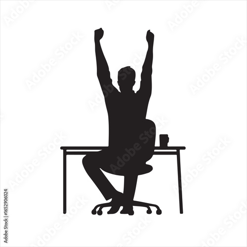 Silhouette of a Man Stretching While Sitting at an Office Desk vector illustration