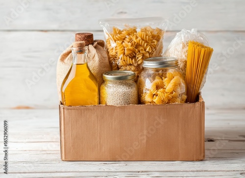 A cardboard box filled with various food items, such as rice and pasta, in plastic bags or cans of oil on a white wooden background.