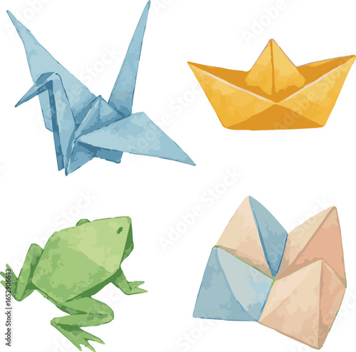 Collection of watercolor painted vector origami stuff