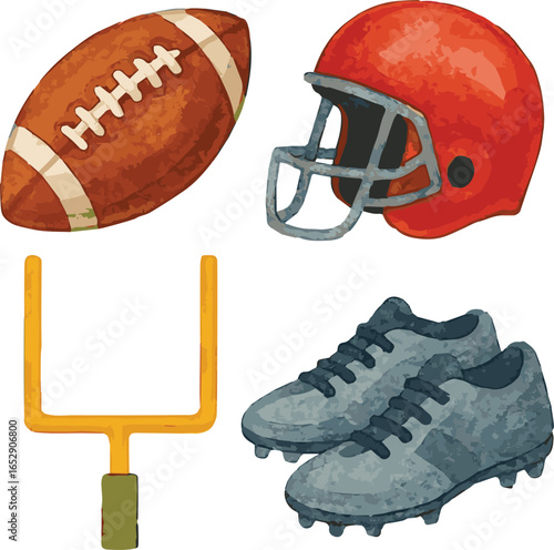 Collection of watercolor painted vector american football stuff such as ball, helmet, rainers and goal net