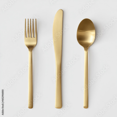 Elegant gold cutlery set including fork knife and spoon isolated on white background