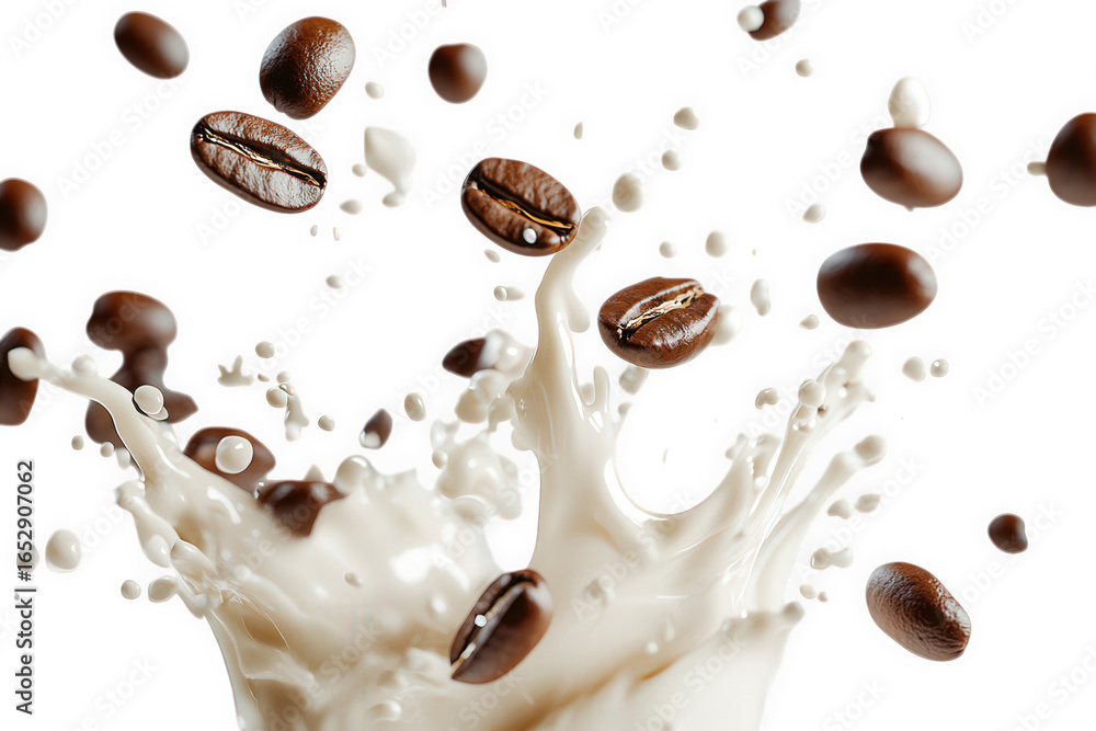 Fototapeta premium Coffee beans splashing into milk isolated on transparent background