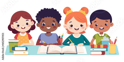 Children writing attentively in books
