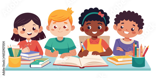 Children writing attentively in books