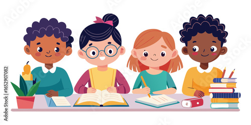 Children writing attentively in books