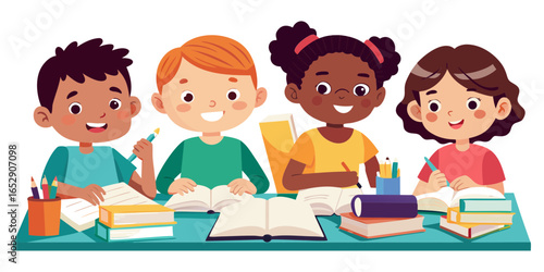 Children writing attentively in books