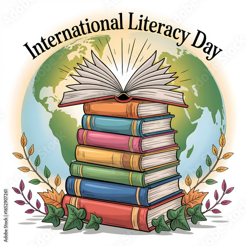 World Literacy Day Poster with Book Stack and Globe Illustration
