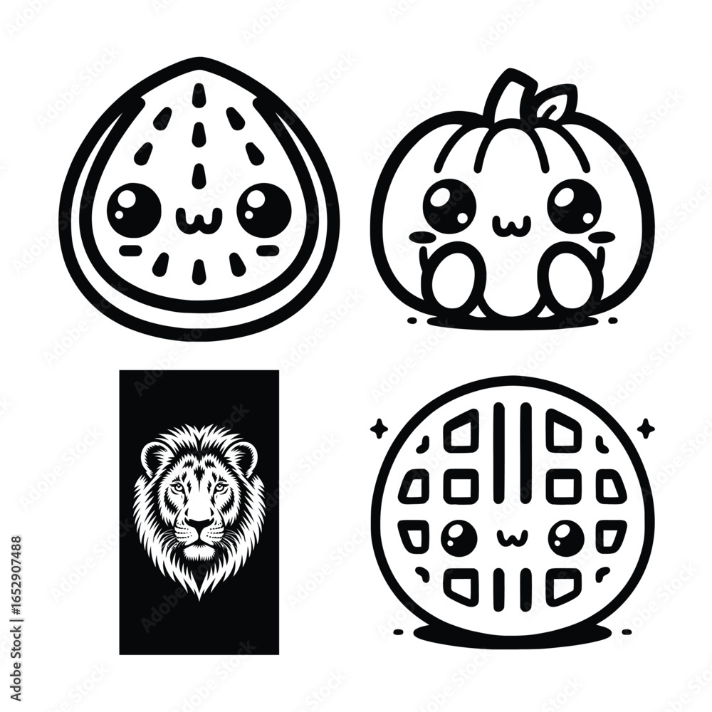 Obraz premium Vector art of a vibrant set of four kawaii characters, including a happy watermelon slice, a cute pumpkin, a smiling waffle, and a majestic lion head, all presented in a distinctive black and white il