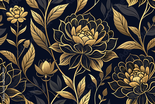 Elegant golden floral pattern design on a dark background evoking luxury and sophistication, perfect for premium branding and decorative applications