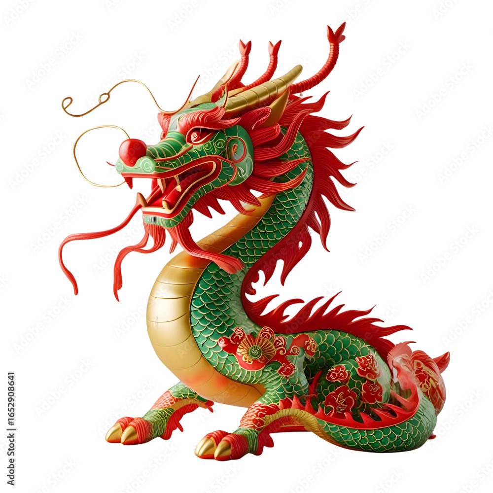 Obraz premium Magnificent Green And Red Dragon Figurine isolated on transparent background Generative AI.